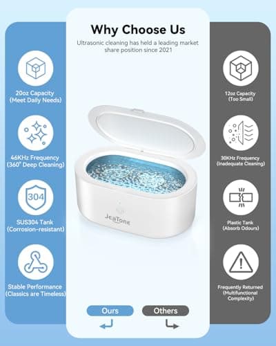 JeaTone Ultrasonic Jewelry Cleaner, 46KHz Professional Ultrasonic Cleaning Machine for Rings, Eyeglasses, Retainers, Dentures & Watches, 20oz Stainless Steel Sonic Cleaner Pod (White) view 2