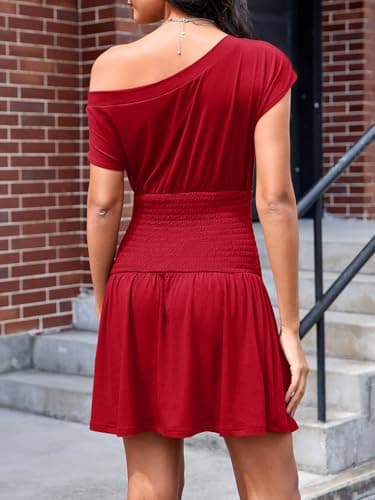 Wenrine Women's Off The Shoulder Mini Dress Summer Short Sleeve Smocked Waist Y2K A Line Going Out Club Dresses view 3