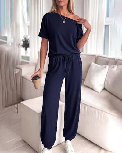 Zenlonr Women Summer 2 Piece Outfits 2026 Off Shoulder Short Sleeve Tops Elastic Waist Drawstring Long Pants Tracksuit view 6