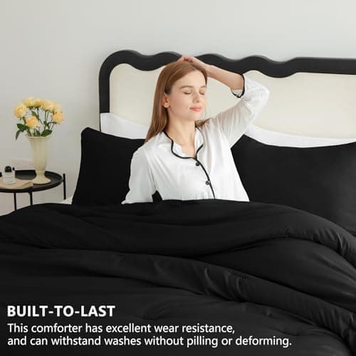 CozyLux Queen Comforter Set Black, 3 Pieces Solid Comforters Queen Size Breathable Quilted Bedding Sets, Luxury Soft Microfiber Down Alternative Comforter for All Season (1 Comforter & 2 Pillowcases) view 2