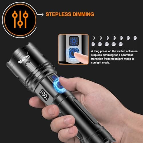 Relybo Rechargeable Flashlights High Lumens, LED Flashlight 100000 Lumens, Super Bright High Powered Flashlights, Long Rang 5000 FT, 2 Switch, Powerful Flashlights for Home Emergency Camping view 5