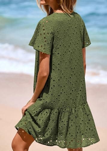 KIRUNDO Eyelet Dresses for Women 2026 Spring Summer Short Sleeve Button Down Loose Mini Babydoll Dress Beach Vacation Clothes view 2