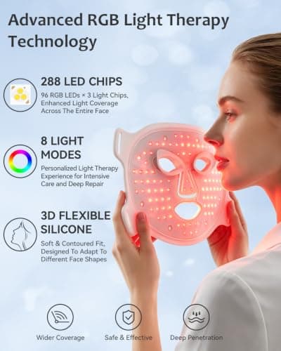 Red Light Therapy for Face, 8 Light Modes & 850NM Infrared LED Face Mask Light Therapy with 288 LEDs 3-in-1 Chip, Auto Cycle, Rechargeable Remote,Cordless Red Light Mask Skincare for Home Travel view 3