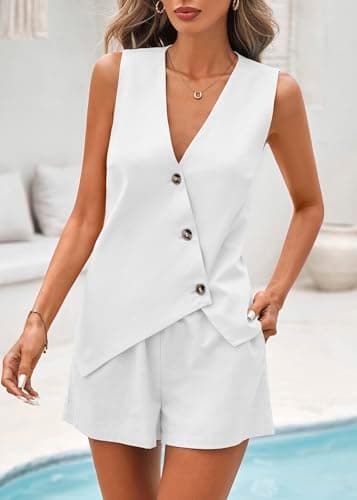 Lazysmile Summer 2 Piece Sets for Women Fashion Linen Matching Set Button Down Suit Vest Tops and Shorts Casual Outfits view 3