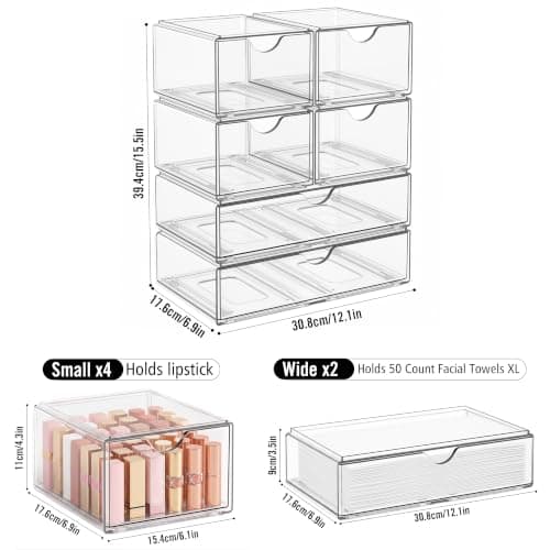 6 Pack Acrylic Stackable Storage Drawers & Boxes, Plastic Organizer Bins view 3