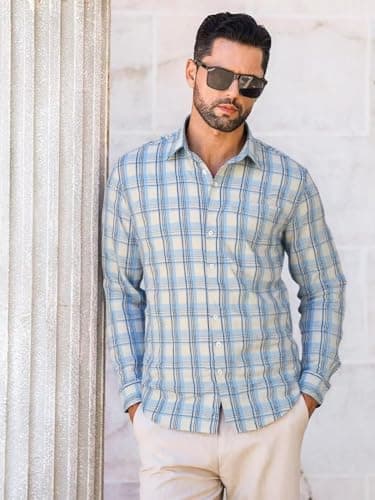 BAYAMO Men's Button-Down Plaid Shirts Casual Long Sleeve Cotton Linen Shirts for Men Fashion Business Shirt view 2