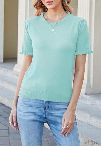 Women Puff Short Sleeve Sweater Tops Ruffle Crewneck Knit Pullover Work Blouses Dressy Casual Top Shirt Spring Summer view 3