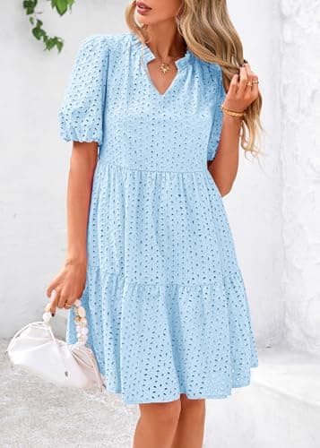 KIRUNDO Eyelet Summer Dresses for Women 2026 Mini Casual Hollow Out Short Sleeve Lace Tiered V Neck Shift Dress Pockets view 5