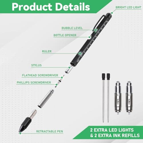 9-in-1 Multitool Pen with LED Light, Stylus, Level, Screwdriver, Cool Gadget, Gifts for Men. Women, Dad, Him, Husband, Father, Mechanic, Boyfriend, Birthday Gifts for Men, Black view 2