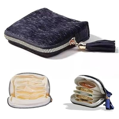 Iosjeude Small Travel Jewelry Case Organizer for Women Portable Jewelry Box with Small Pouches for Gemstones Healing Crystal Bracelets, Necklace Bangles Storage, Gift Ring Holder, Blue Tassel