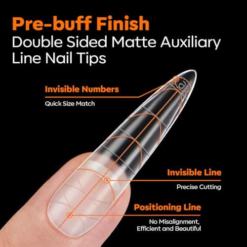 modelones Long Almond Guiding Line Nail Tips, Stiletto Soft Gel Tips Fake Nails False Acrylic Extensions Seamless Accurate Positioning Scale Line, Full Matte Professional Nail Salon 216PCS 12Sizes view 2