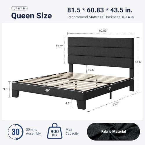 Allewie Queen Size Platform Bed Frame with Fabric Upholstered Headboard and Wooden Slats Support, Fully Upholstered Mattress Foundation/No Box Spring Needed/Easy Assembly, Dark Grey view 2