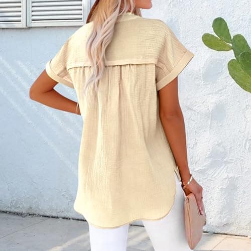 Gauze Tops for Women Casual Summer 2026 Boho Tops Button V Neck Short Sleeve Shirts Lightweight Cotton Blouses view 4