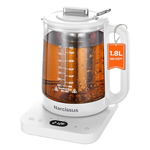 Narcissus Electric Kettle Temperature Control ±5℉, 1.8L Glass Electric Tea Kettle with Removable Infuser for Flowers & Fruit Tea, 1200W Fast Boiling, 6 Hours Keep Warming, White view 1