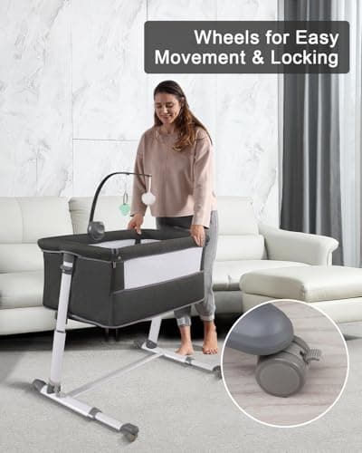Yacul Baby Bassinet, Bedside Crib Sleeper with Wheels and Music Box, Breathable Mesh Height Adjustable Baby Bedside Sleeper, Portable, Dark Gray view 6