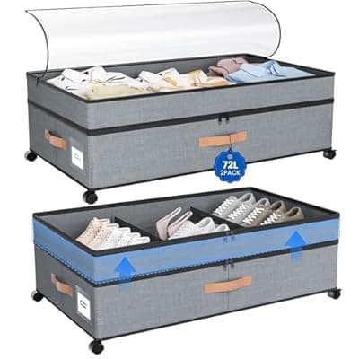 Mqaue Storage Box,Under Bed Storage with Wheels 72L XXL Under the Bed Storage Containers Large, 10‘’ Tall Adjustable Storage for Underbed with Lids, Rolling for Shoes, Clothes, Blankets, Grey