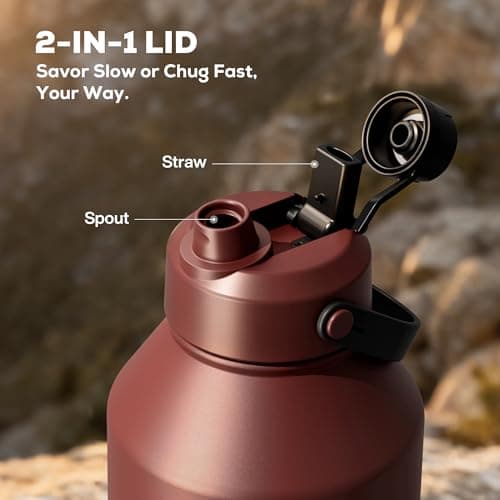 POWCAN 64 oz Insulated Water Bottle with Carrier Bag, Leakproof, Straw and Spout Lid, Keep Cold 48H, Cleaning Brush, BPA-Free, Stainless Steel Water Bottle for Travel, Sports and Picnic (Cocoa) view 4