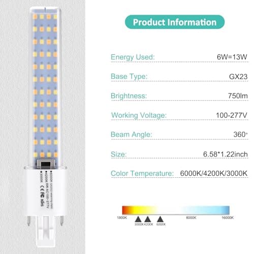 Amazing power GX23 LED Bulb 3 Color Temperature 3000K/4200K/6000K, 6W GX23-2 2 Pin LED, Replacement for 13-18W CFL, Home Office Commercial Lighting (2 Pack) view 4