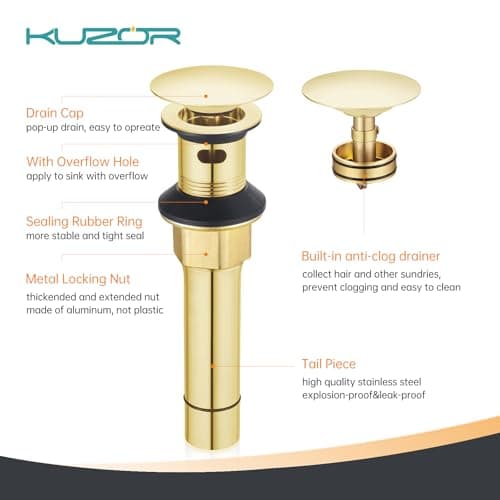 KUZOR Brushed Gold Pop Up Bathroom Sink Drain with Overflow, 1 Pack | Bathroom sink stopper fits 1-5/8 to 2 in drain holes; 304 stainless steel for vanity and vessel sink drain view 3