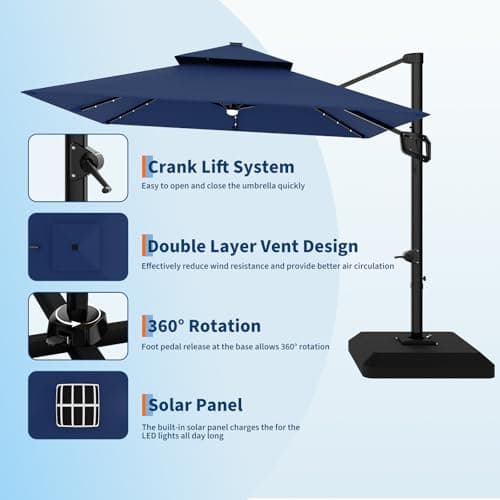 Garvee 10 ft Solar Lights Cantilever Patio Umbrella with Base Included, 360° Rotation Offset Umbrella, Easy Crank & Tilt Adjustment, UV Protection for Backyard, Poolside, Deck -Navy Blue view 2