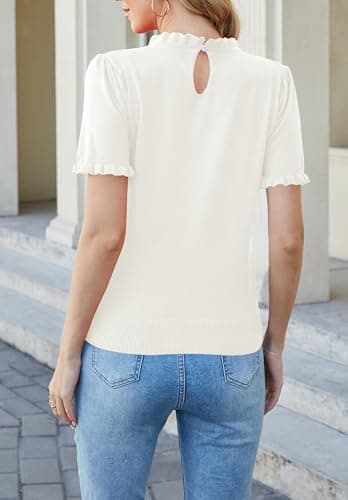 Women Puff Short Sleeve Sweater Tops Ruffle Crewneck Knit Pullover Work Blouses Dressy Casual Top Shirt Spring Summer view 5
