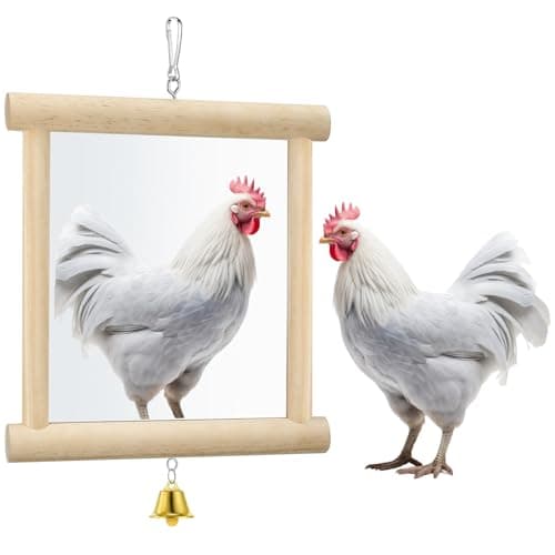 Sadnyy Chicken Mirror Toys Extra Large 10.6 x 10 Inch Big Hanging Swing Mirror with Bell Wooden Pecking Toy for Hens Birds Parrots Coop Roosters (Square, Yellow, 1pcs) — image 1