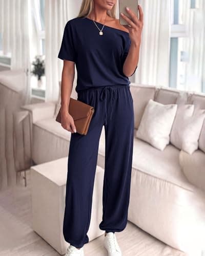 Zenlonr Women Summer 2 Piece Outfits 2026 Off Shoulder Short Sleeve Tops Elastic Waist Drawstring Long Pants Tracksuit view 4