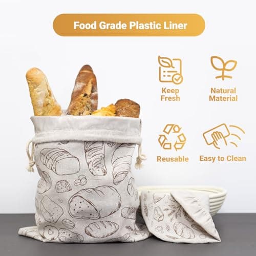 Verigud 2 Pack Large Reusable Linen Bread Bags and 10'' Bowl Covers with Plastic Liners for Bread Storage & Sourdough Proofing view 2