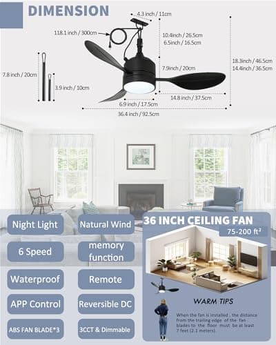 37" Outdoor Ceiling Fan with Light, IP65 Waterproof, Quiet DC Reversible Motor, APP & Remote Control, Dimmable LED 3 Color, 6 Speed, Timing Memory, Plug in Portable Ceiling Fan for Patio Porch Gazebo view 4