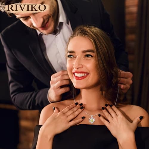 RIVIKO Heart Birthstone Pendant Necklace for Women 925 Sterling Silver Zirconia Necklaces Valentine's Day Anniversary Birthday Mothers Day Jewelry Gifts For Her Mother Wife view 3