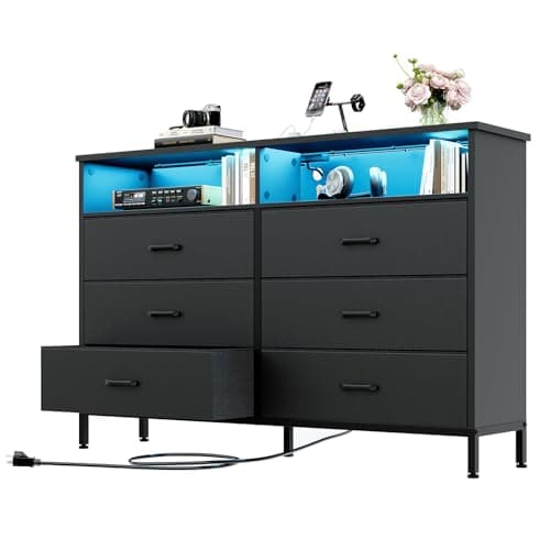 Black Dresser for Bedroom, 6 Drawer Dresser, Fabric Vertical Storage Tower with Fabric Bins with Open Shelves LED Light and Charging Station, Chest of Drawers for Closet Chests Organizer, Living Room