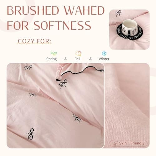 AMZTOP Pink Twin Size Duvet Cover Set with Bow,1 Duvet Cover with 2 Pillowcases,Cute Ruffled Comforter Cover with Corner Ties,3 Pcs Embroidery Aesthetic Coquette Bedding Set 68"×86" view 3