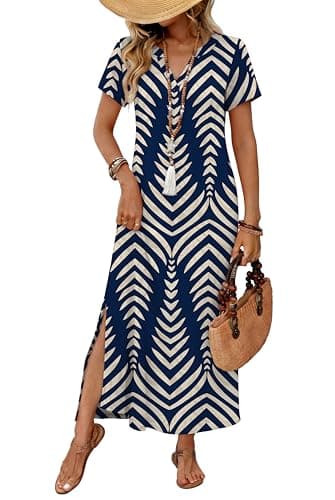 OFEEFAN Summer Dresses for Women 2026 Maxi Dress Short Sleeve Sundresses with Pockets Beach Vacation Spring Outfits view 2