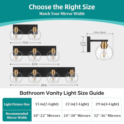 Bathroom Light Fixtures, 3-Light 22 Inch Black and Gold Bathroom Vanity Light, Modern Wall Sconces with Clear Glass Globe Shades, Vanity Lighting Fixtures Over Mirror, E26 Socket (Bulbs Not Included) view 5