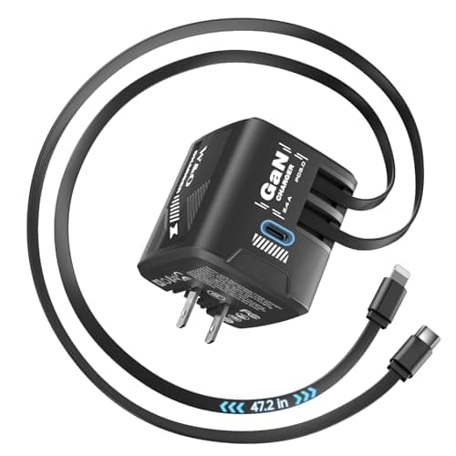 W & O Fast Charger for iPhone17/16/15,60W gan Charger,Retractable Phone Charger Wall Plug with Lightening and Type-C Cables,for iPhone Series, Galaxy S25/24,Android and More（Black）