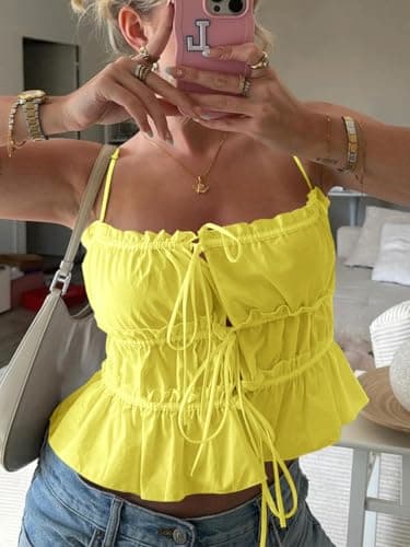 Tankaneo Womens Summer Tie Front Crop Tops Cute Ruffle Ruched Spaghetti Strap Tank Tops Y2K Going Out Shirts view 3