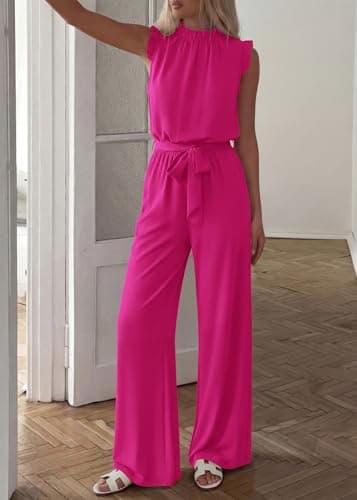 KIRUNDO Jumpsuits For Women Dressy Summer One Piece Sleeveless Ruffle Mock Neck Belt Pockets Formal Wide Leg Pants Romper view 4