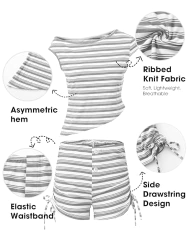 EXLURA Women 2 Piece Summer Outfits Casual Striped Lounge Set Ribbed Knit Off Shoulder Short Sleeve Top and Drawstring Shorts view 2