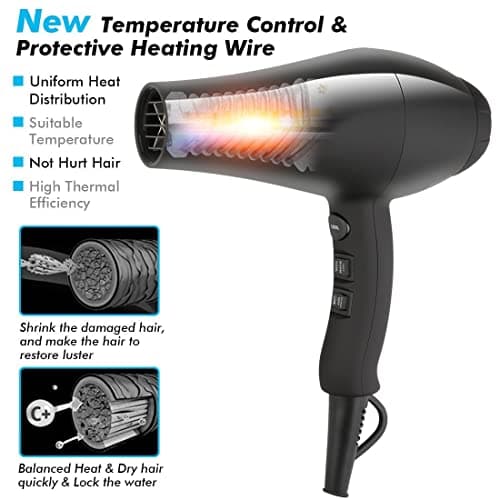 JINRI Ionic Hair Dryer with Diffuser & Comb and Concentrator, Lightweight Quiet Infrared Blow Dryer, Powerful 1875 Watt Motor for Smooth and Fast Drying Hair, Black view 4