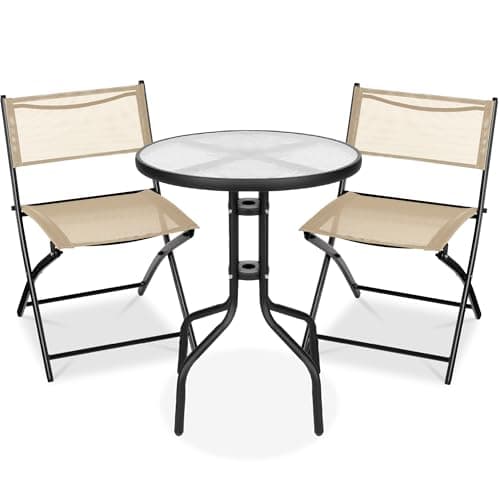 Best Choice Products 3-Piece Patio Bistro Dining Furniture Set w/Textured Glass Tabletop, 2 Steel Folding Chairs, Polyester Fabric - Beige view 1