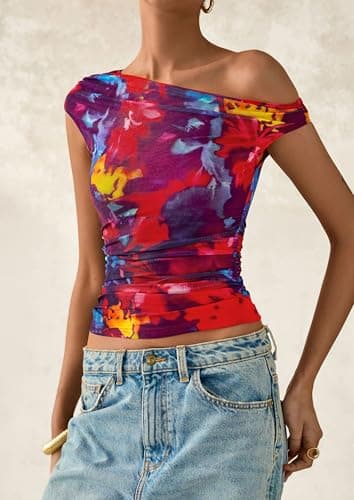 PRETTYGARDEN Women's Off Shoulder Tops 2026 Summer Going Out Crop Tank Tops Asymmetrical Floral Mesh Tight Y2K Shirts Clothes view 5