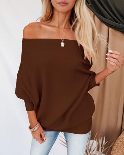 Zenlonr Off The Shoulder Sweaters for Women Fall Clothes 2026 Casual Long Batwing Sleeve Ribbed Knit Pullover Tops view 4