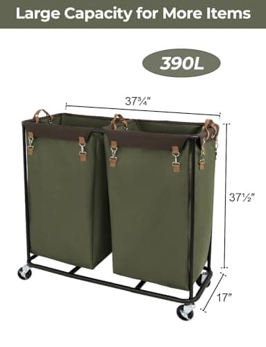 StorageWorks 390L Extra Large Laundry Hamper with Wheels, 2 Sections Laundry Basket with Wheels, Clothes Sorter Cart with Divider for Hotel, Home, Green, 1-Pack view 3