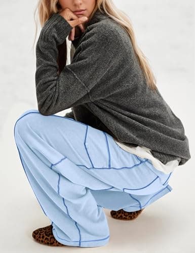 MSBESYOR Wide Leg Barrel Sweatpants for Women Baggy Palazzo Pants Drawstring High Waist Color Block Lounge Sweat Pant view 5