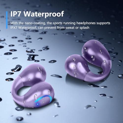 Open Ear Headphones Bluetooth 6.1 Wireless Comfort Clip On Earbuds Purple | Bone Conduction with Digital Display Charging Case Sport Earphones Built-in Mic Waterproof for Running Fitness Exercise view 5