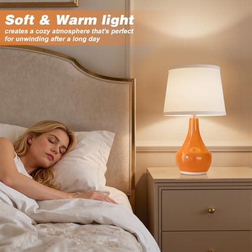 Seealle Modern Ceramic Table Lamps for Night Stands - Bedside Lamps Set of 2 for Nightstand,Orange Bedroom Lamp for Living Room Cute Desk End Table Office Guest Room Dresser Rocker Swtich view 3