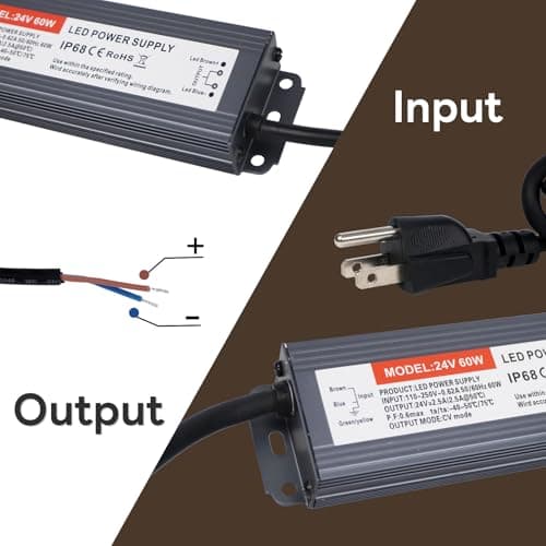 UPWATT LED Driver 60W Waterproof IP68 Power Supply Transformer Adapter 110V-250V AC to 24V DC Low Voltage Output for LED Light, Computer Project, Outdoor Light and Any 24V DC led Lights, 60W24V-N view 3