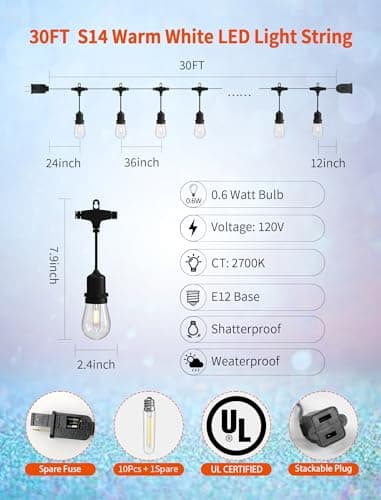Hobbynors Outdoor String Lights 30FT, Patio Lights Outdoor Waterproof, Plug-in Hanging Lights with Shatterproof LED Bulbs, 2700K Warm White, E12 Connectable Lights for Porch Backyard Balcony Gazebo view 2