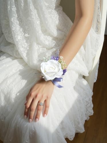 Rose Corsage and Boutonniere Set Lavender Blue Corsage Wrist and Men Boutonniere for White Wedding Party Prom Suit Decorations view 4