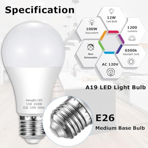 HengBo LED Light Bulbs 100 Watt Equivalent, 6500K Daylight 1200LM White Light Bulb, 12W Non-Dimmable, E26 Standard Medium Base Bulb for Bathroom, Kitchen, Living Room (Pack of 4) view 2